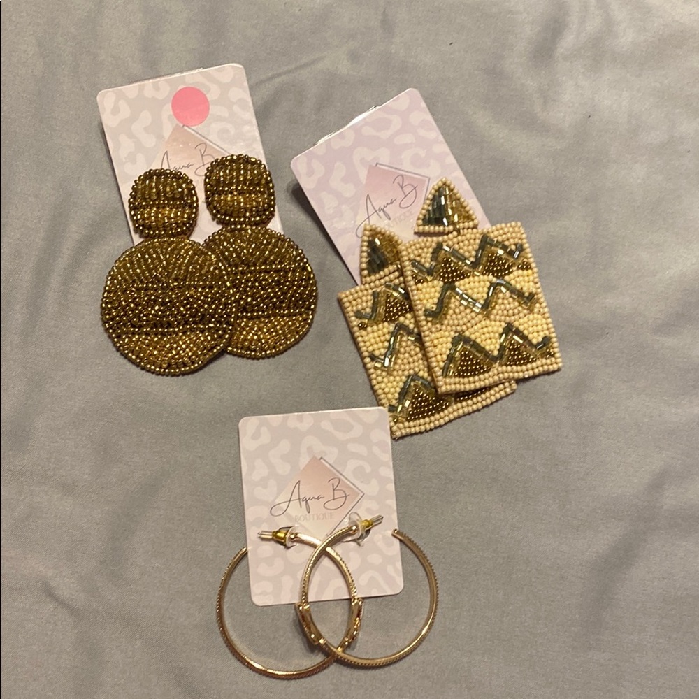 Gold and Tan Beaded Earrings Set